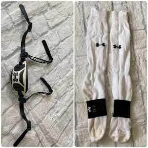 Under Armour men’s football chin strap and Large performance calf socks B&W